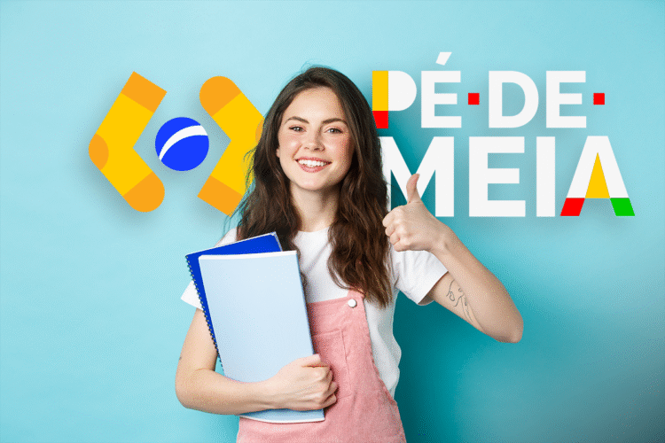 Imagem representativa do benefício Pé-de-Meia, com uma jovem sorrindo e mostrando o benefício em destaque.