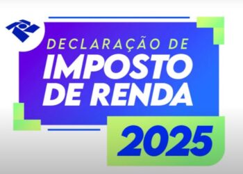 Arte gráfica com os dizeres “Declaração de Imposto de Renda 2025” e logotipo da Receita Federal.