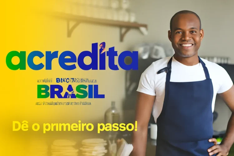 Homem sorrindo em uma cafeteria, com o logo 'acredita' e a mensagem de incentivo para dar o primeiro passo, do Governo Federal do Brasil.