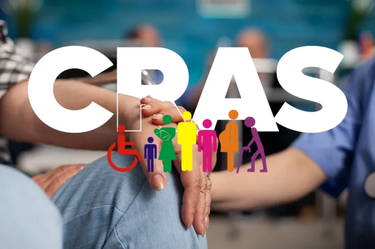 Mãos dadas simbolizando apoio do CRAS, com ícones coloridos representando inclusão social.