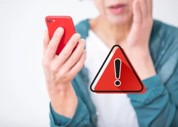 Pessoa preocupada segurando celular vermelho ao receber alerta de golpe digital