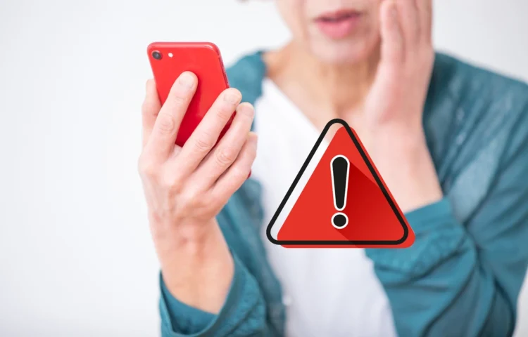 Pessoa preocupada segurando celular vermelho ao receber alerta de golpe digital