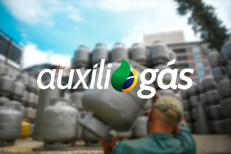 Logo do Auxílio Gás com imagem de botijões de gás ao fundo.