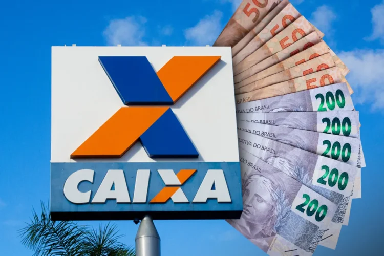 Letreiro da Caixa Econômica Federal com notas de 50 e 200 reais ao fundo.