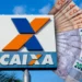 Letreiro da Caixa Econômica Federal com notas de 50 e 200 reais ao fundo.