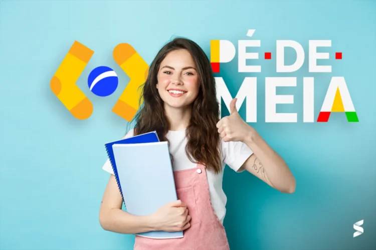 Jovem segurando cadernos e sorrindo, com o logo do programa Pé-de-Meia ao fundo, representando os pagamentos de maio.