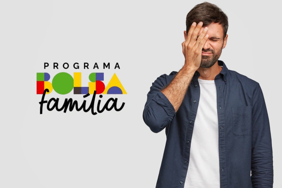 Homem preocupado cobrindo o rosto com a mão ao lado do logo colorido do programa Bolsa Família.