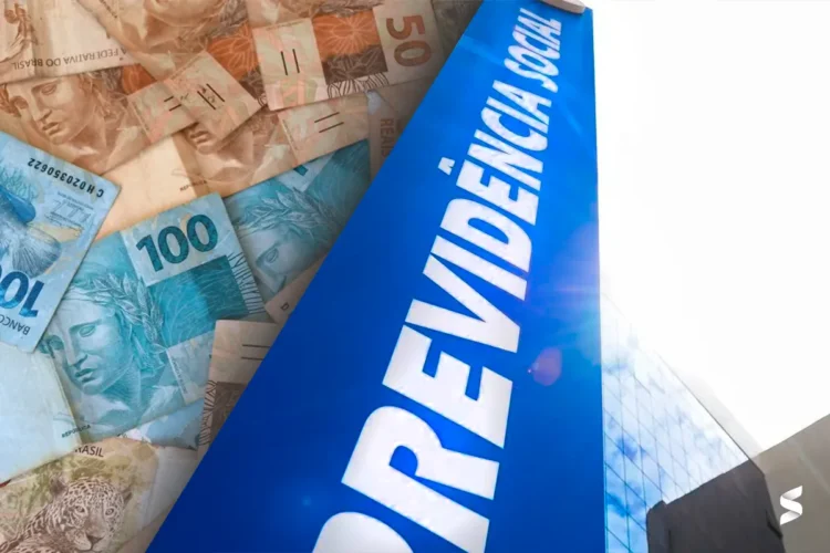 "Cartões de dinheiro e logotipo da Previdência Social, representando o benefício do INSS"