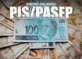 Abono salarial PIS/Pasep 2025 com cédulas de 100 reais ao fundo