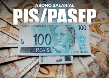 Abono salarial PIS/Pasep 2025 com cédulas de 100 reais ao fundo
