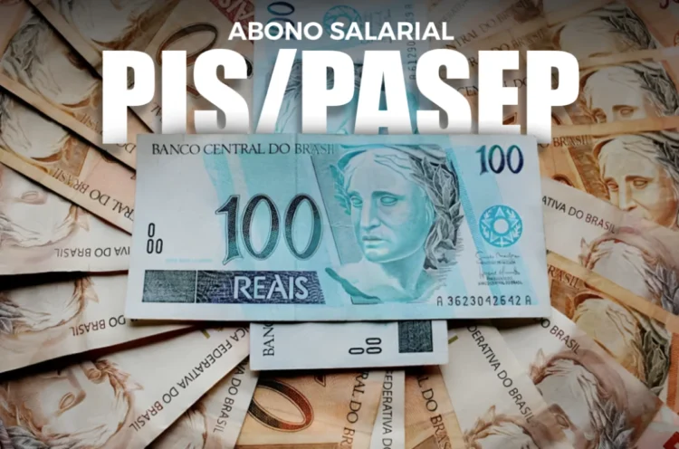 Abono salarial PIS/Pasep 2025 com cédulas de 100 reais ao fundo