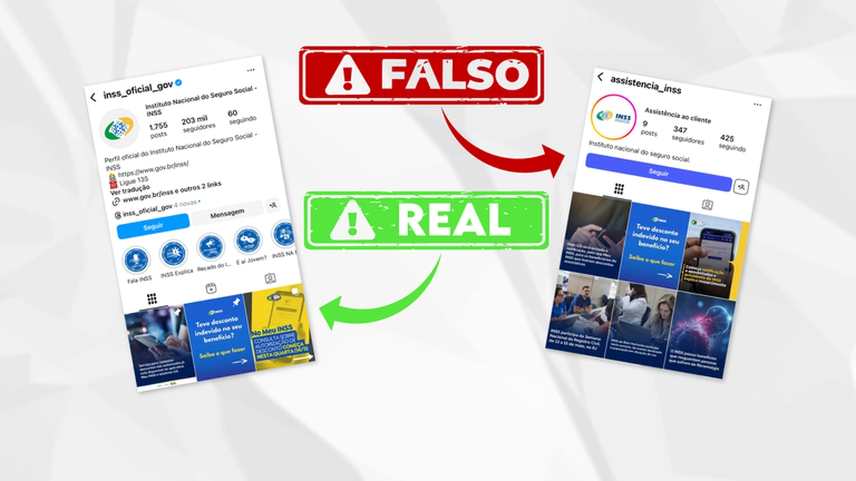 Comparação entre perfil oficial do INSS verdadeiro e perfil falso alertando sobre golpes nas redes sociais
