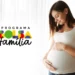 Mulher grávida sorrindo, segurando a barriga, ao lado do logo colorido do programa Bolsa Família.