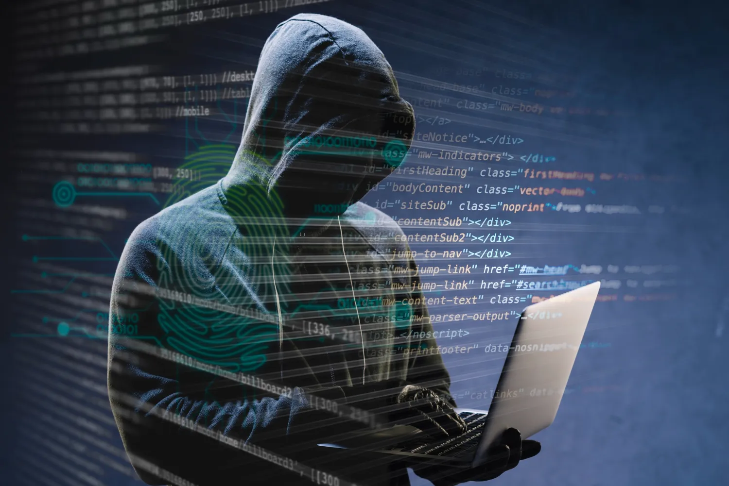 Pessoa com capuz operando laptop em ambiente escuro com códigos e impressões digitais projetados