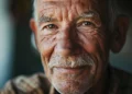Retrato detalhado de um homem idoso sorridente, mostrando a beleza das marcas do tempo.