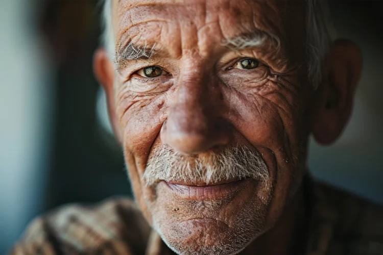 Retrato detalhado de um homem idoso sorridente, mostrando a beleza das marcas do tempo.