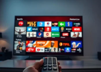 Controle remoto apontando para uma smart TV com diversos ícones de aplicativos de streaming, representando o uso de IPTV.