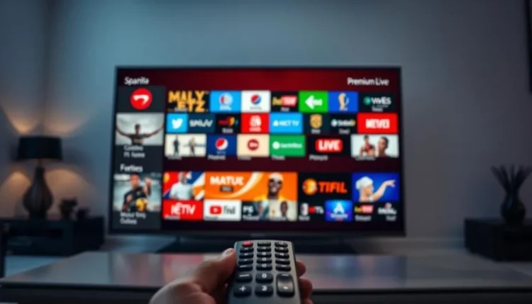 Controle remoto apontando para uma smart TV com diversos ícones de aplicativos de streaming, representando o uso de IPTV.