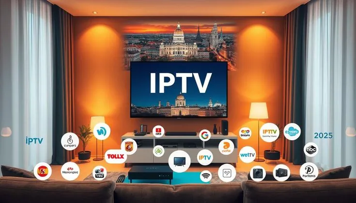 Ambiente de sala com TV exibindo a palavra IPTV, rodeada por diversos ícones de serviços e aplicativos relacionados à transmissão digital.