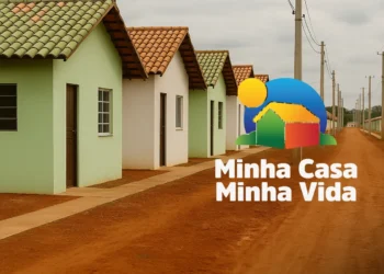 "Conjunto de casas do programa Minha Casa Minha Vida, com o logo do programa em destaque."