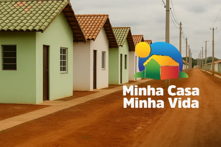 "Conjunto de casas do programa Minha Casa Minha Vida, com o logo do programa em destaque."