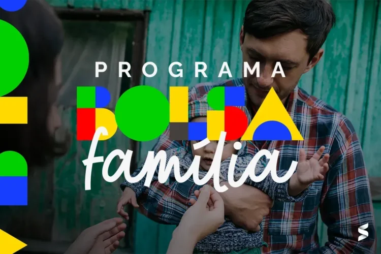 Imagem ilustrativa do programa Bolsa Família, com figuras geométricas coloridas e uma família sendo atendida.