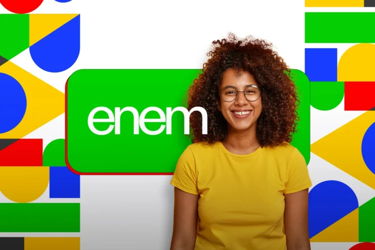 Jovem sorridente com camiseta amarela ao lado do logo do Enem em fundo colorido, representando o pedido de isenção da taxa do Enem.