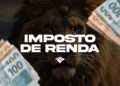 Leão do Imposto de Renda com cédulas de dinheiro ao redor