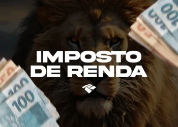 Leão do Imposto de Renda com cédulas de dinheiro ao redor