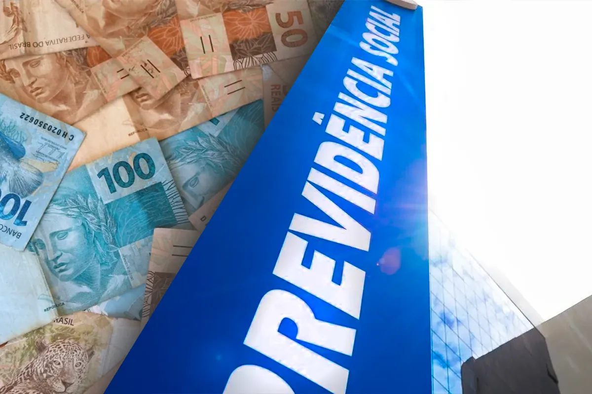 Imagem de fachada da Previdência Social com notas de real ao fundo, representando o impacto financeiro dos descontos do INSS.
