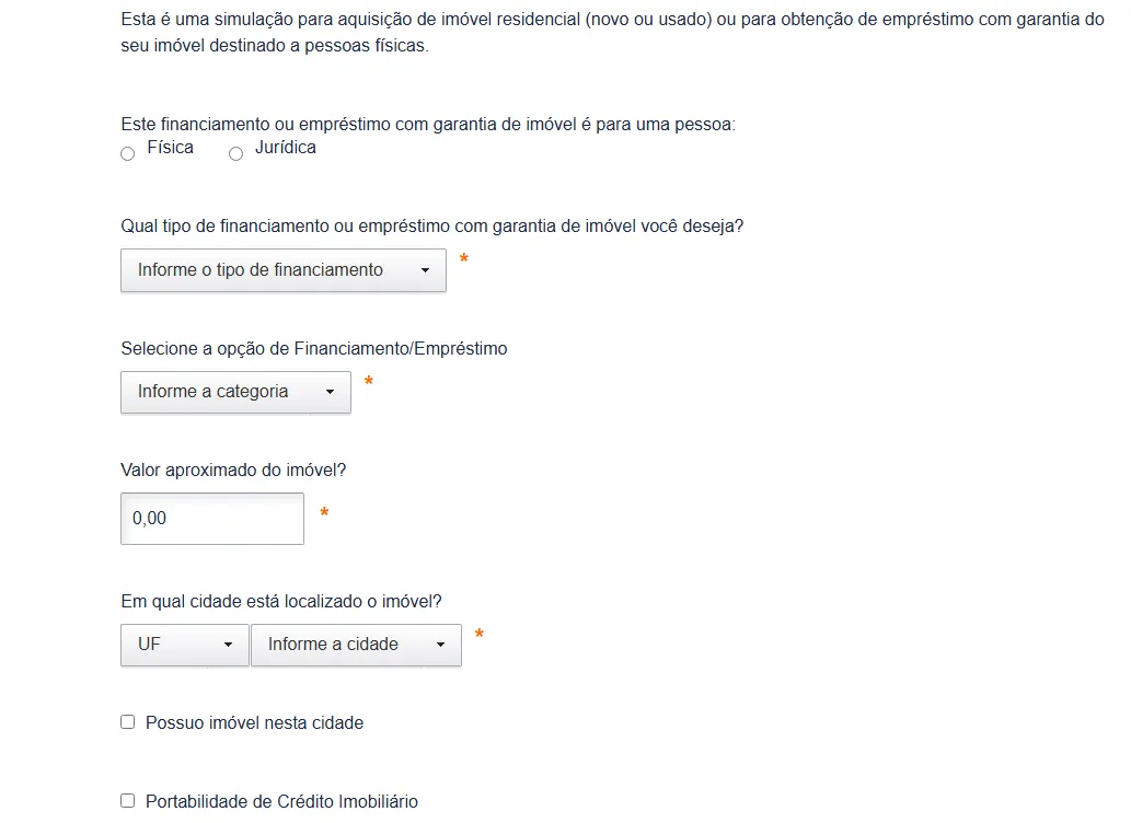 ela do simulador de financiamento imobiliário mostrando campos para preenchimento.
