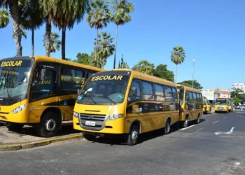 Ônibus escolar aguardando transporte de estudantes da rede pública, refletindo a falta de transporte escolar e seus impactos na educação.