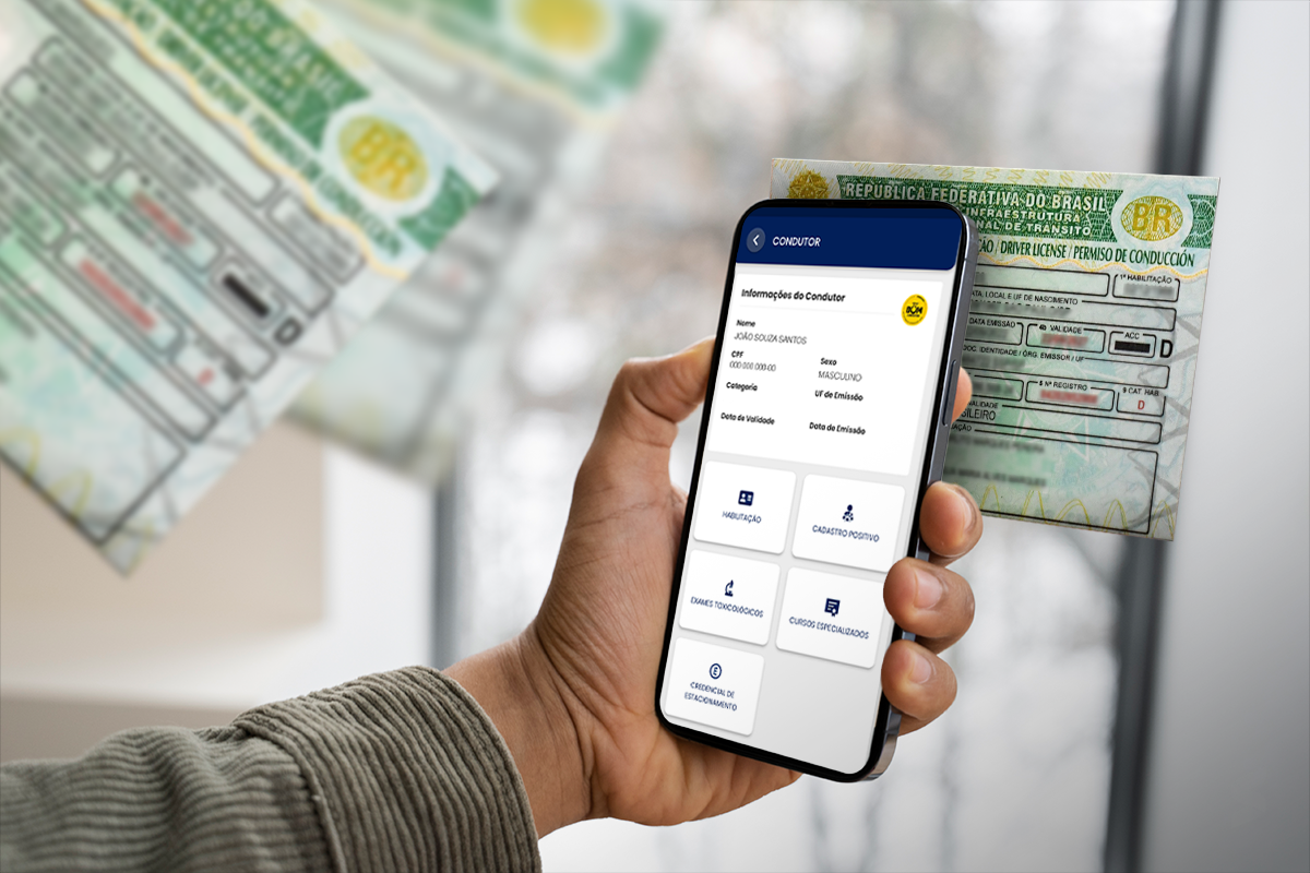 Imagem de um celular com aplicativo mostrando dados de CNH, ao lado da CNH social, representando a inscrição para o programa.