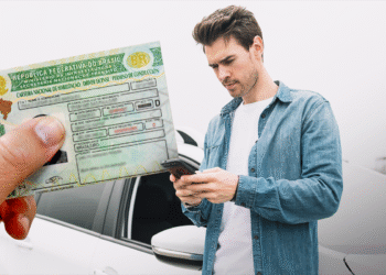 Homem conferindo celular com carteira de habilitação brasileira em destaque ao lado de carro branco