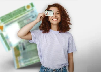 "Mulher sorrindo e segurando sua Carteira Nacional de Habilitação (CNH), simbolizando a conquista e as novas possibilidades."