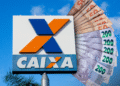 Agência da Caixa Econômica Federal com notas de 200 reais, referente ao pagamento do FGTS retido.