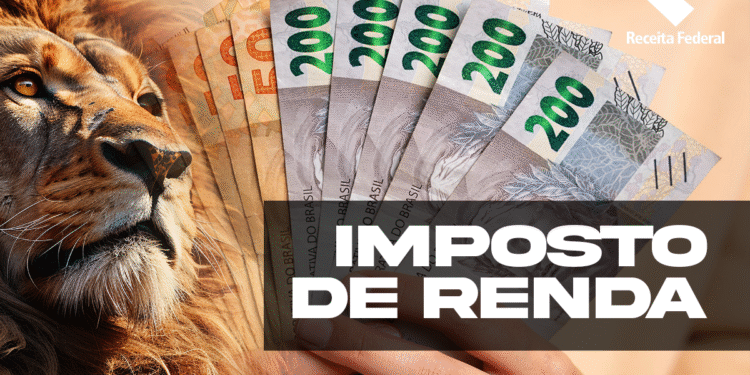 Imagem de leão com cédulas de 50 e 200 reais, ilustrando o Imposto de Renda e a liberação do 2º lote de restituição do IRPF 2025.