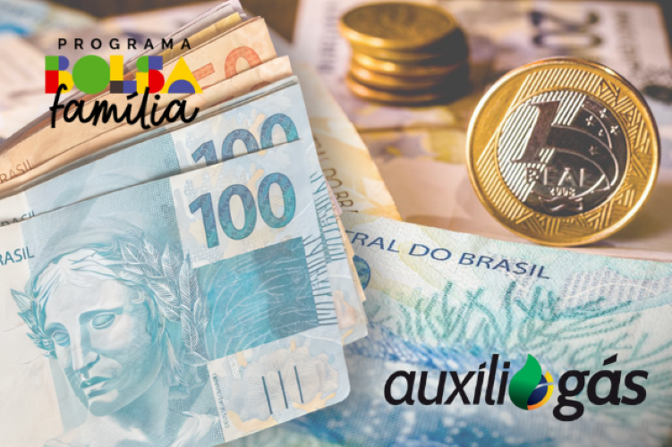 Imagem ilustrativa dos benefícios do Auxílio Gás e Bolsa Família com notas de 100 reais e moedas.
