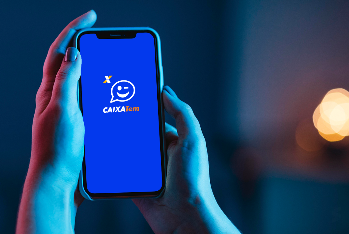 Tela do aplicativo Caixa Tem em um celular, com o logo e o fundo azul, ilustrando o tema sobre o erro de conexão ou problemas técnicos.