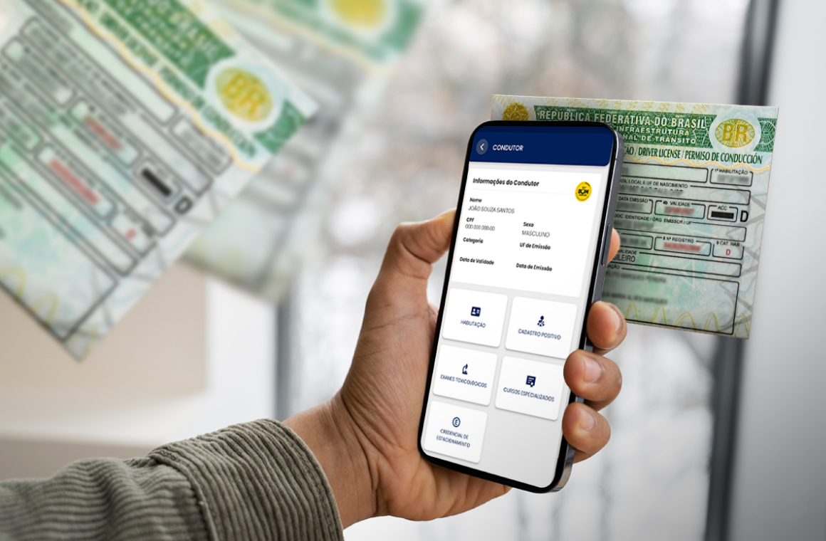 Imagem mostrando um smartphone com informações da CNH digital, ao lado de um documento físico de CNH, representando o processo para obter a carteira de habilitação de forma gratuita.