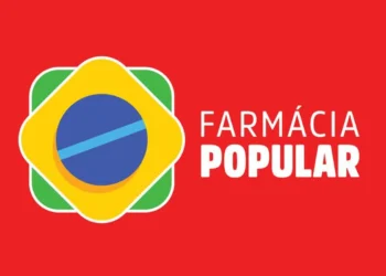 Logo do Programa Farmácia Popular, destacando a iniciativa de farmácias que participam do programa de medicamentos gratuitos.