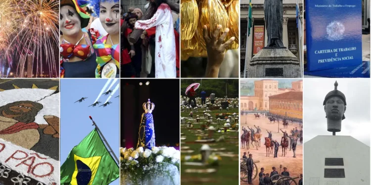 Montagem com representações de diferentes feriados nacionais brasileiros.