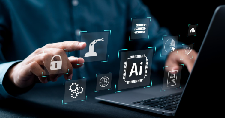Imagem representando como a inteligência artificial é aplicada no monitoramento de fraudes em pagamentos, com gráficos e ícones digitais interativos ao redor de um computador.