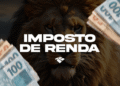 Imagem representativa do Imposto de Renda 2025, com notas de dinheiro e um leão ao fundo, simbolizando a cobrança e a correção da restituição.