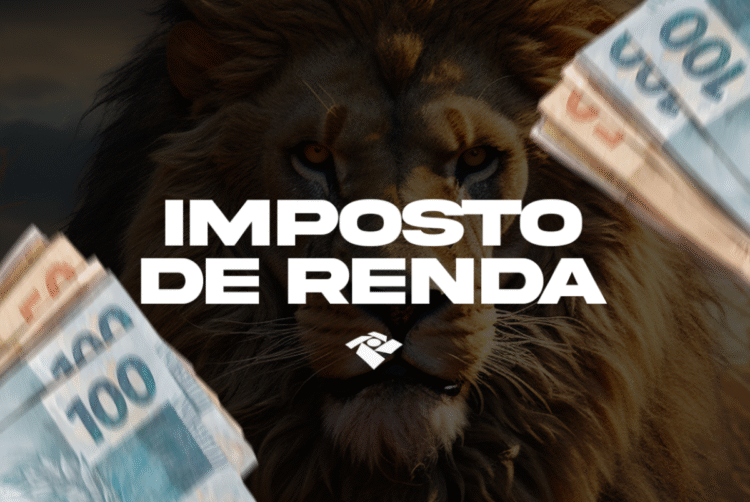 Imagem representativa do Imposto de Renda 2025, com notas de dinheiro e um leão ao fundo, simbolizando a cobrança e a correção da restituição.
