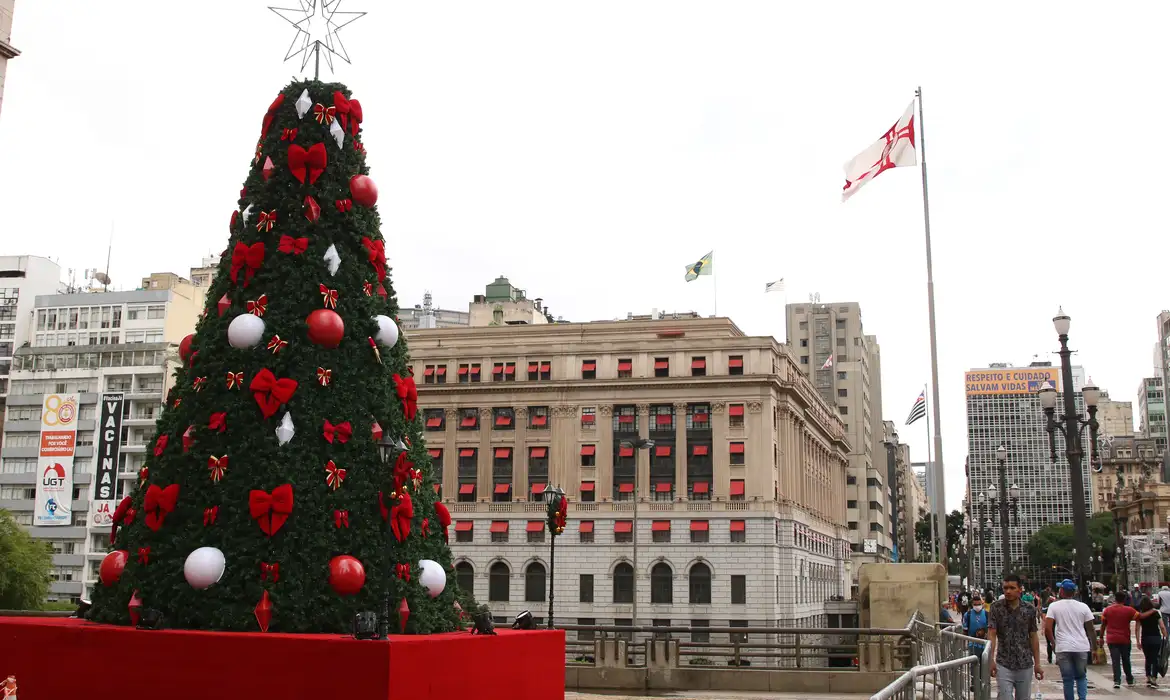Árvore de Natal montada em espaço público no centro de São Paulo.