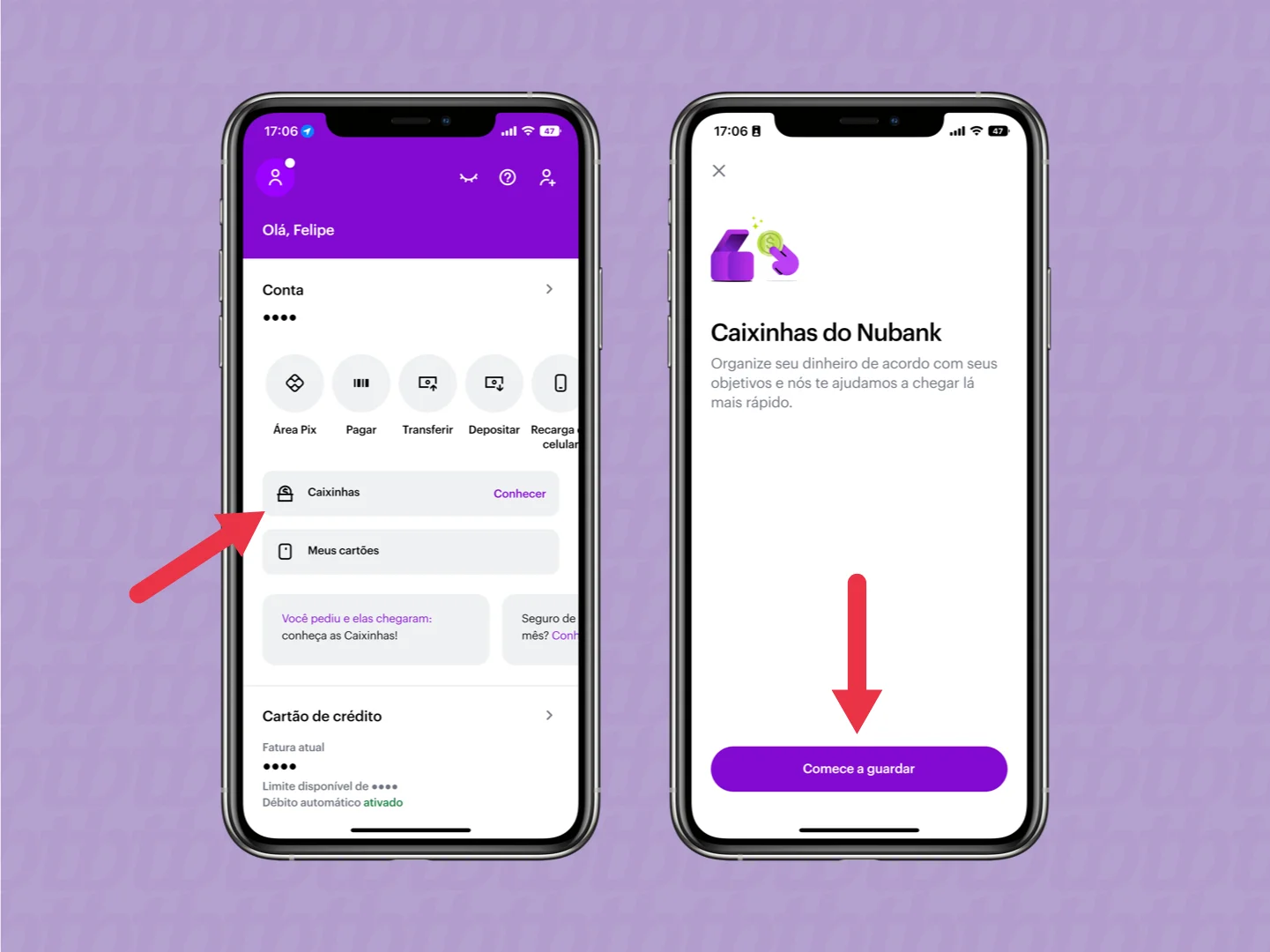 Tela do aplicativo Nubank mostrando a funcionalidade 'Caixinhas', com o botão para começar a guardar dinheiro.