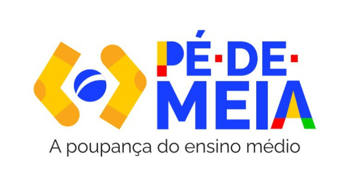 Logo do Programa Pé-de-Meia, com a imagem de dois pés de meia segurando uma bola, representando a poupança do ensino médio.