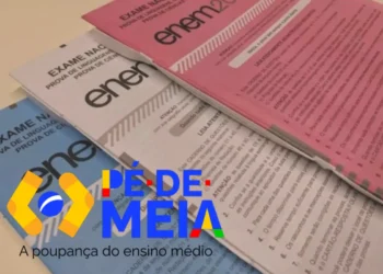 Papel do Enem e logo do projeto Pé-de-Meia, uma iniciativa que oferece incentivo educacional.