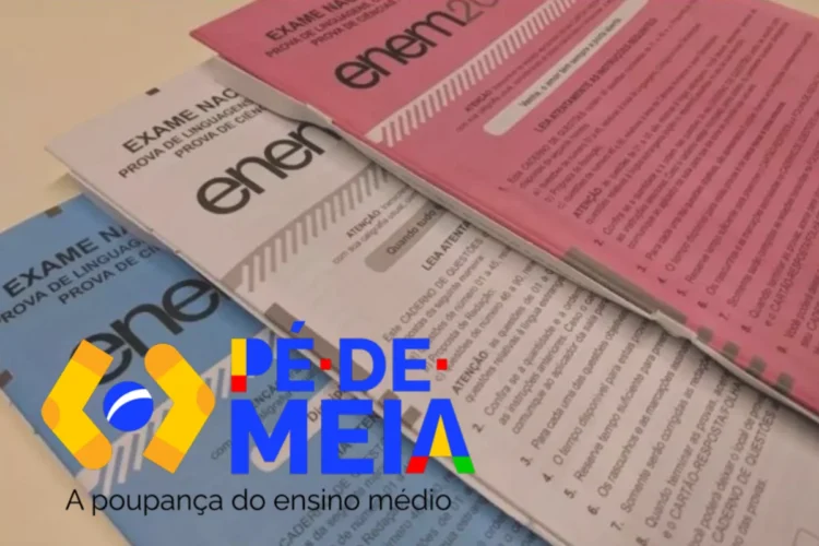 Papel do Enem e logo do projeto Pé-de-Meia, uma iniciativa que oferece incentivo educacional.